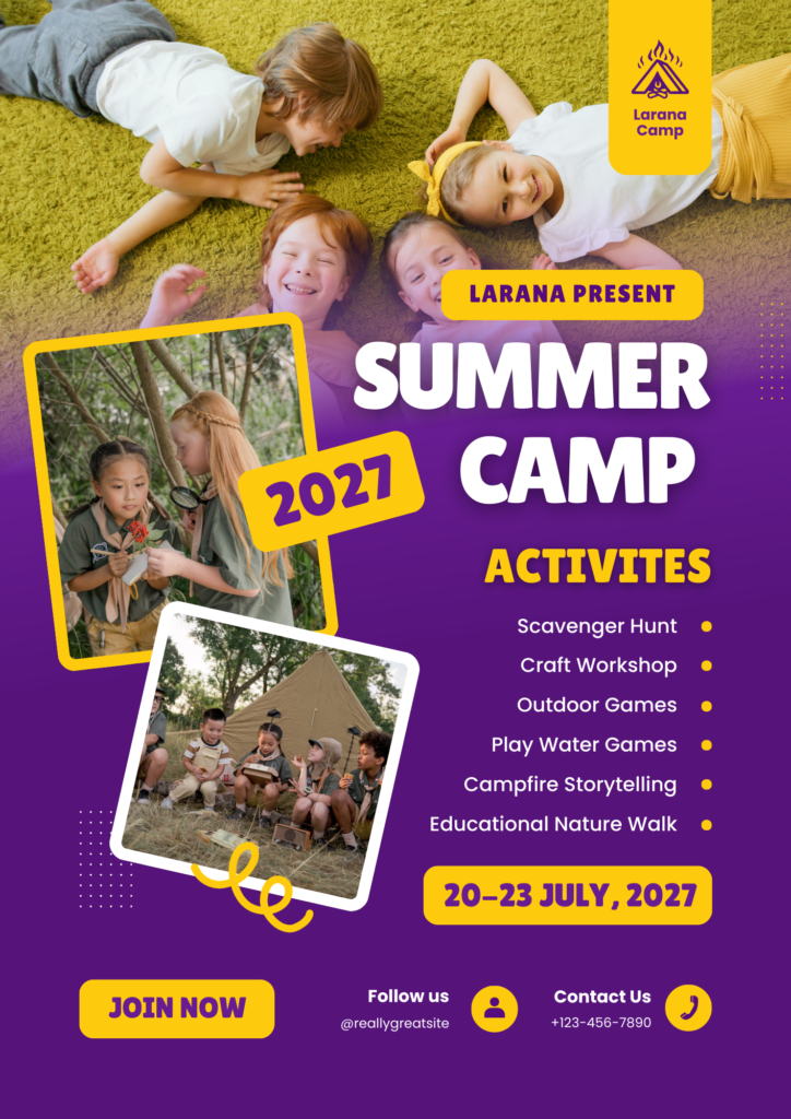 Purple and Yellow Minimalist Summer Camp Flyer